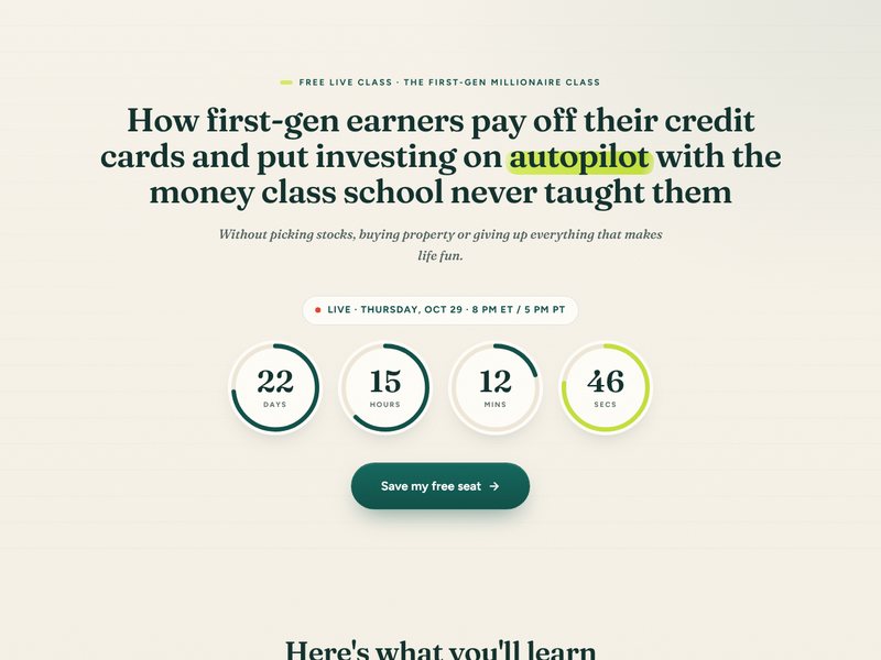 The new registration page for The First-Gen Millionaire Class